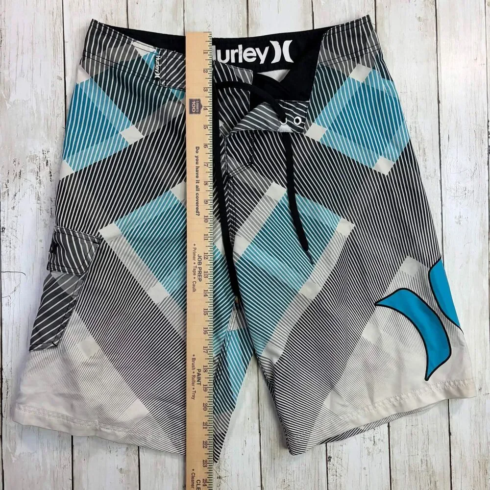 Y2K  Hurley Mens Board Shorts Medium Black Blue Geometric Print Surf Swim Trunks